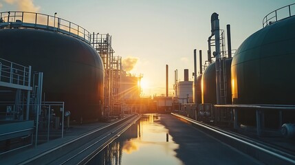 Biogas production facility showing sharp and clean visuals of digesters, compressor units, and safety valves, against a clear, bright sky