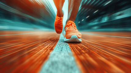 A runner sprints down a blurred track on a sunny day, showcasing speed and determination during a training session