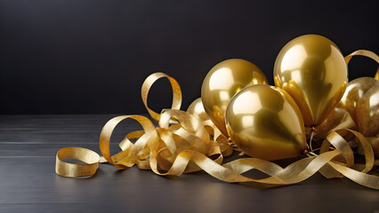 golden balloons with ribbons on a dark background, holiday concept