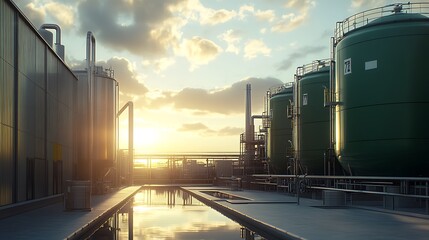 Detailed image of a biogas plant with precise structures of fermenters, piping systems, and gas storage, all bathed in natural sunlight