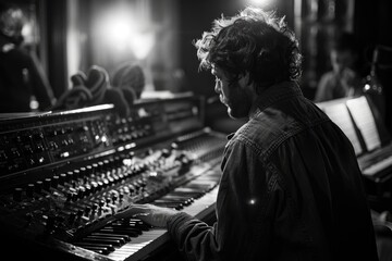 Fototapeta premium Moody Musician Playing Synthesizer in Studio Setting