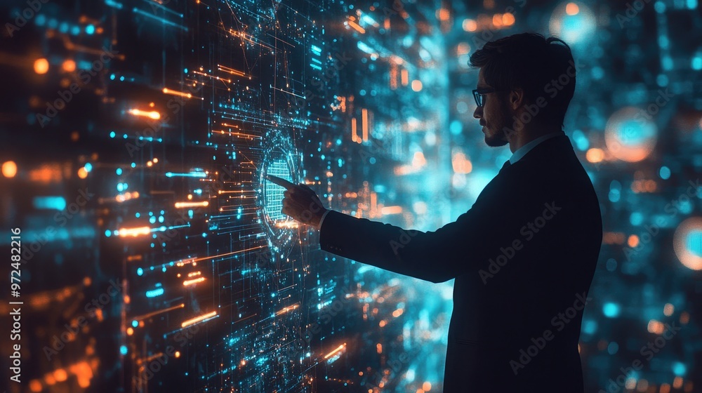Wall mural a businessman in a suit interacts with a digital interface, illuminated by vibrant lights. the displ