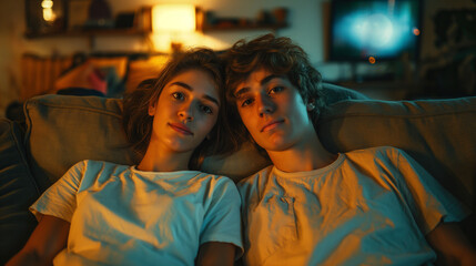 Fototapeta premium Young couple lying on a couch watching TV, surrounded by warm ambient light.