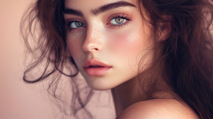 Fototapeta premium A beautiful Persian woman with dark brown hair cascading over her shoulders, her cheeks