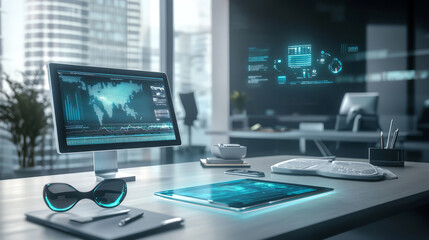Naklejka premium Futuristic Office Workspace with Advanced Data Display