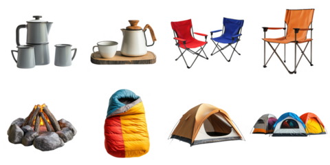 Camping tent and chair transparent collection set in png no background for decoration.