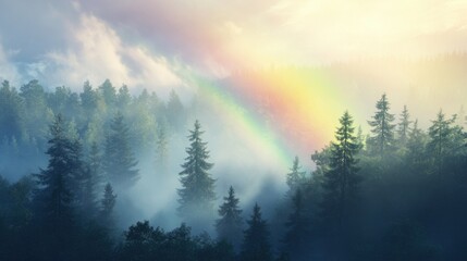 Fototapeta premium A rainbow appearing above a misty forest after a light rain, with tall trees and soft sunlight filtering through the clouds