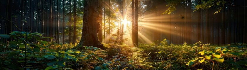 Fototapeta premium Sunlit forest with tall trees, serene and expansive, Nature, Soft greens, Photograph, Woodland beauty
