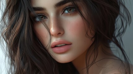 A beautiful Persian woman with dark brown hair cascading over her shoulders, her cheeks