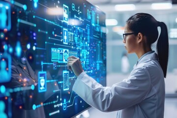 Female Scientist Analyzing Data on Futuristic Digital Interface in High-Tech Laboratory