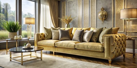 A modern living room boasts a stunning gold-tinted sofa, surrounded by plush throw pillows and a window that