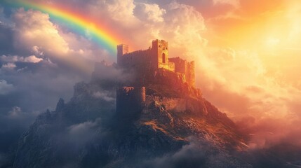 Fototapeta premium A rainbow arching above a castle on a hilltop, with dramatic clouds and sunlight illuminating the ancient stone walls