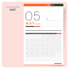 Calendar May 2025 template vector. Desk, wall calender for print, digital planner. Week start on Monday. Annual holiday calendar layout design elements. Creative business monthly calendar. Monthly.