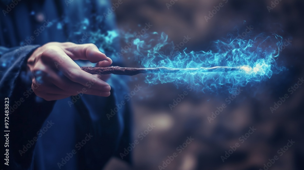 Poster a wizard casting a spell with a glowing wand during twilight in an enchanted forest
