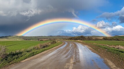 A rainbow forming above a quiet rural road, with rain-soaked pavement reflecting the colors and rolling hills in the distance