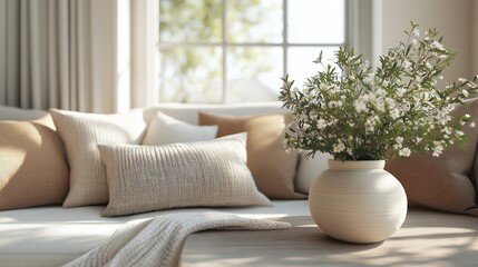 A bright and cozy living room scene with neutral-toned cushions, a textured vase filled with white flowers, and soft natural sunlight pouring in through a window, creating a tranquil ambiance