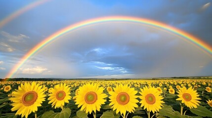 A rainbow forming over a field of sunflowers, with the bright yellow flowers and green leaves contrasting against the sky