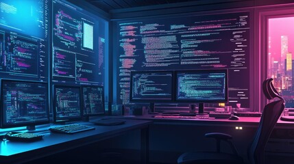 Obraz premium A futuristic office space with multiple monitors displaying lines of code, a keyboard, and a chair. The walls are covered with more code, illuminated by pink and blue neon lights