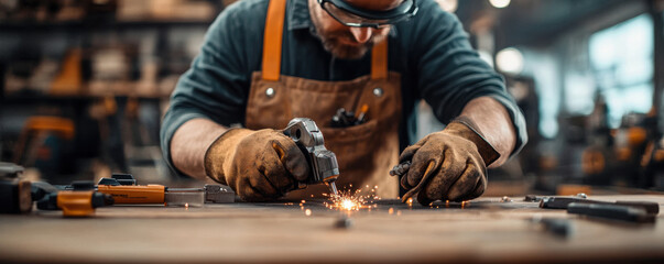 Focused craftsman in protective gloves working with a grinder, producing sparks while shaping metal in a workshop.
