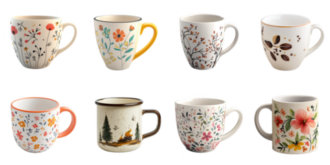 Flower cup png set collection in 3d transparent no background in drink concept.