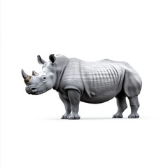 Fototapeta premium A detailed side view of a white rhinoceros standing isolated against a white background, showcasing its large horn and textured skin.