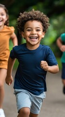 Obraz premium A joyful boy with curly hair runs happily outdoors, embodying the spirit of childhood and playfulness amidst nature.