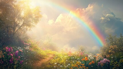 A rainbow glowing softly over a quiet meadow, with wildflowers blooming and gentle sunlight shining through the clouds