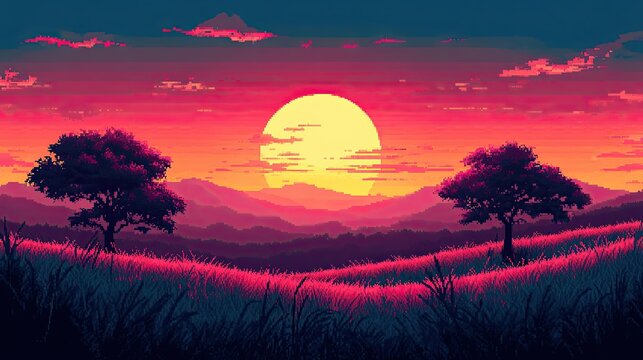 A pixel art landscape with rolling hills, pixelated trees, and a pixelated sun setting on the horizon, creating a nostalgic and retro feel.
