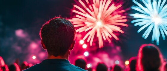 A mesmerized viewer watches vibrant fireworks display against a night sky, capturing a moment of awe and celebration.