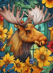 Colorful Moose Illustration with Floral Background and Vibrant Flowers in a Nature-Inspired Art Style