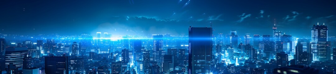 Obraz premium digital blue cityscape with skyscrapers, night sky, glow effects, light trails, high resolution, panoramic view, city lights in the background