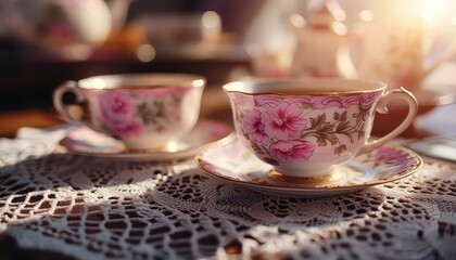 Vintage teacups on a lace tablecloth, elegant and nostalgic, Vintage, Soft hues, Photograph, Afternoon tea