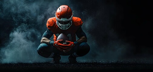 A Dedicated Football Player Awaits His Moment Amidst Dramatic Shadows and Powerful Atmosphere. Football Concept