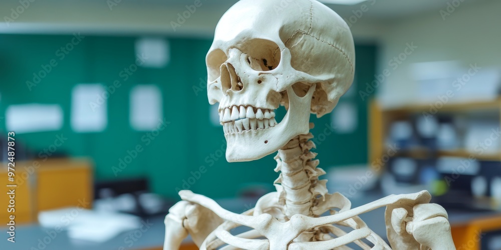 Poster human skeleton in a science classroom setting for educational use generative ai
