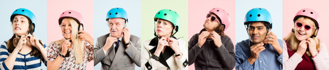 Collage, people and helmet with diversity for safety in cycling, commute and eco friendly travel. Banner, composite and smile for inclusion, generations or multicultural as happy on studio background