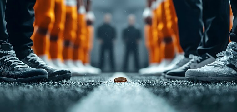A Tense Moment: Teams Prepare for the Coin Toss Before the Game's Exciting Beginning. Football Concept