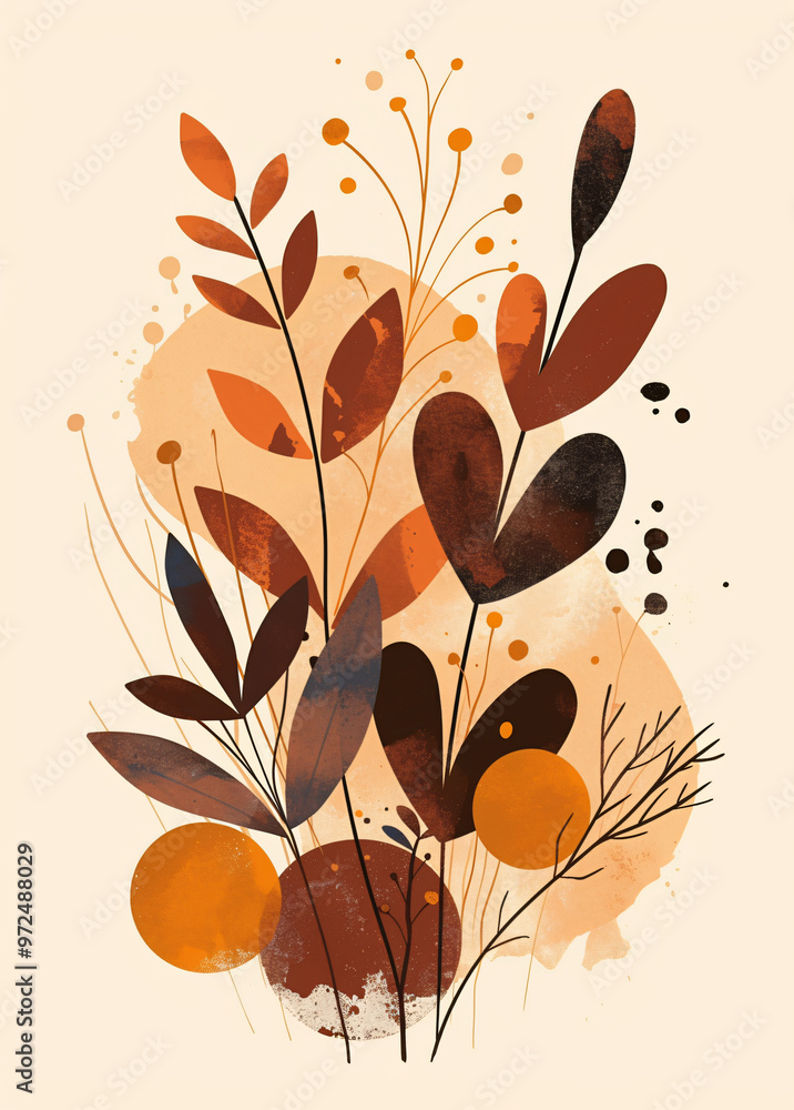 Poster a dynamic abstract design showcasing an array of leaves and circular shapes in warm hues of orange a