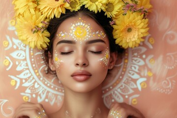 Beautiful Indian woman with a wreath of neem flowers and rangoli painting on her face. Hinduism holidays and Indian ethnic concept. For Diwali, Ugadi celebration. Fashion portrait for poster, card