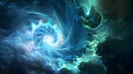 Complex light spirals over the stage, deep blue and green hues