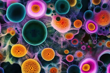 Microscopic Image of Monkeypox Virus, Colorful and Vibrant, for Medical Research and Education Generative AI