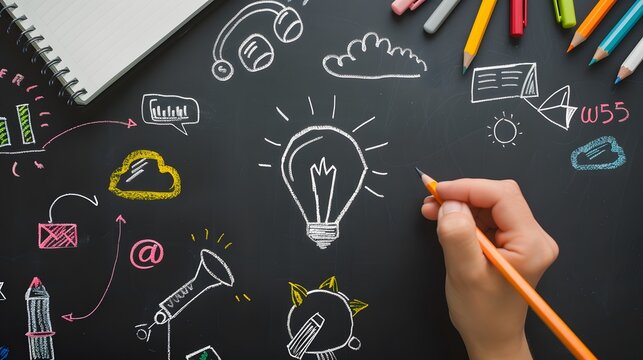 Close-up of a hand-drawn business plan on a chalkboard, creative business strategy