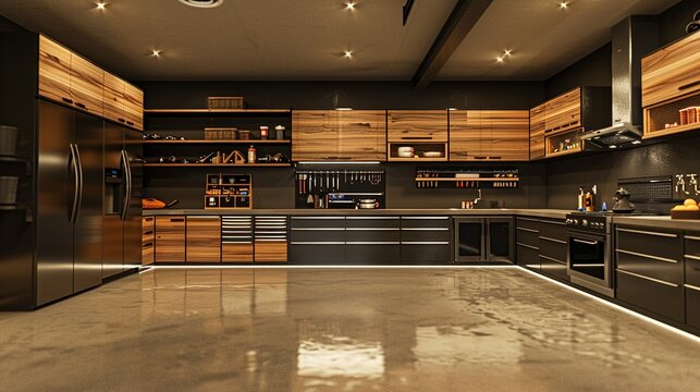 A contemporary garage with custom cabinetry, wall-mounted tool racks, and a polished concrete floor, designed for maximum organization and ease of use.