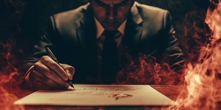 Man signing a document with a pen in a smoky