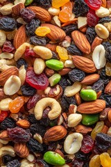 Pile of Mixed Nuts and Dried Fruits on a Background, Healthy Snack Option Generative AI