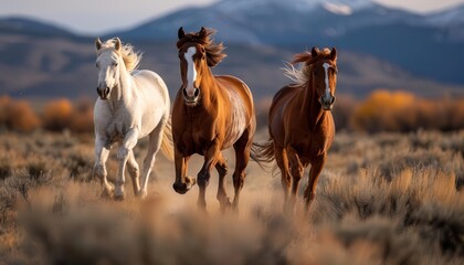 Obraz premium Wild horses running in a field, dynamic and natural, Nature, Earth tones, Photograph, Majestic wildlife