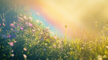 Obraz premium A soft, pastel-colored rainbow glowing faintly over a field of blooming wildflowers, with gentle sunlight shining through