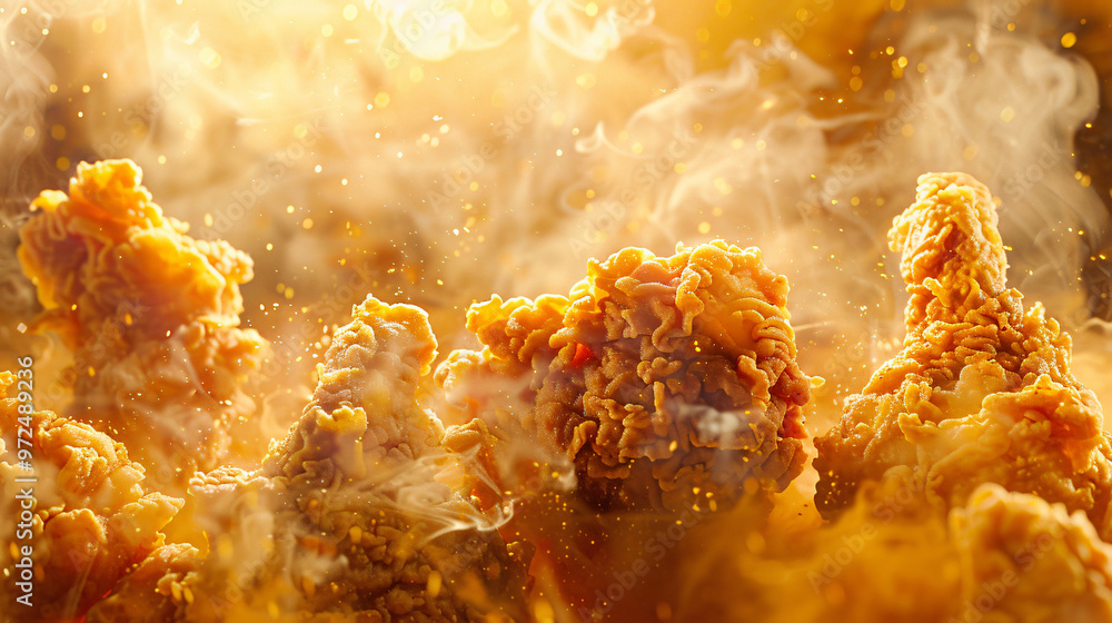 Poster a delicious close-up of crispy fried chicken pieces enveloped in golden steam, highlighting the text