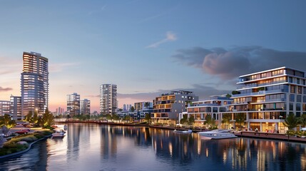 Modern Waterfront Cityscape at Dusk