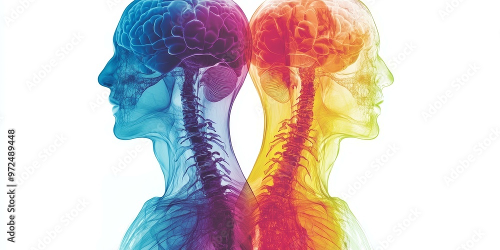 Poster two translucent figures with brains and spinal cords.