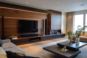 A contemporary living room with a floating media console, concealed wiring, and a built-in sound system, ensuring a clean and organized entertainment area.